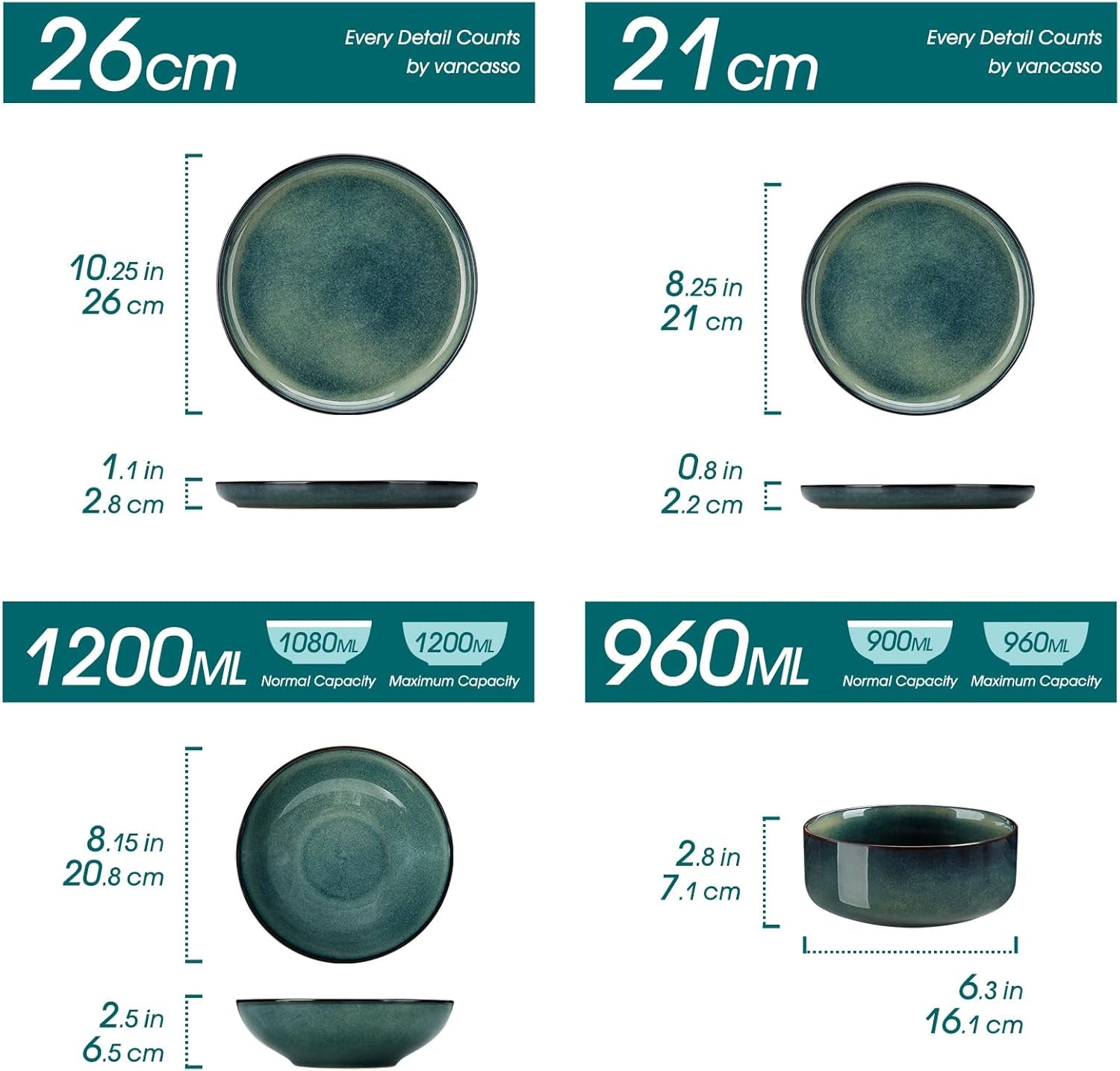 Service de table moderne pour 6 personnes Vancasso STARRY Service de table en grès 24 pièces Vert Combo Service de table pour 6 personnes comprenant assiettes plates, assiettes à dessert, assiettes creuses et bols à céréales