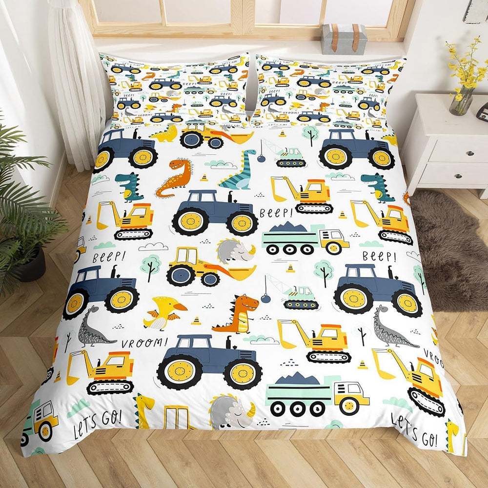 Jungen Cartoon Car Literie Set 135X200,Kinder Bau Fahrzeuge Tröster Abdeckung Für Kind Kleinkind Teens,Dinosaurier Bettbezug,Traktor Maschinerie Bagger Bettdecke Abdeckung,Lkw Autos Bettdecke Naty Shop