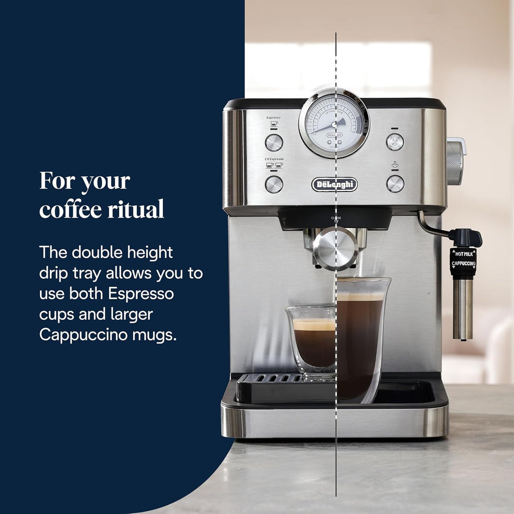 De'Longhi Classic EM450.M Machine à expresso porte-filtre avec mousseur à lait professionnel, boîtier entièrement métallique, 15 bars, réservoir d'eau 1,7 l, acier inoxydable/métal