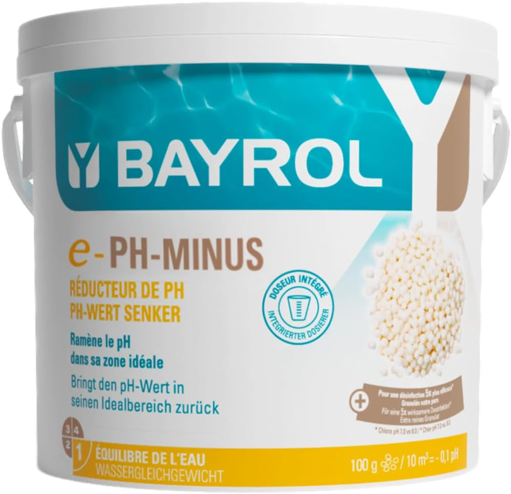 BAYROL e-pH-Minus granulés 6 kg - réduit rapidement et efficacement les niveaux de pH trop élevés dans les piscines - dosage facile directement dans l'eau - avec gobelet doseur - réducteur de pH - réglage du pH pour piscines