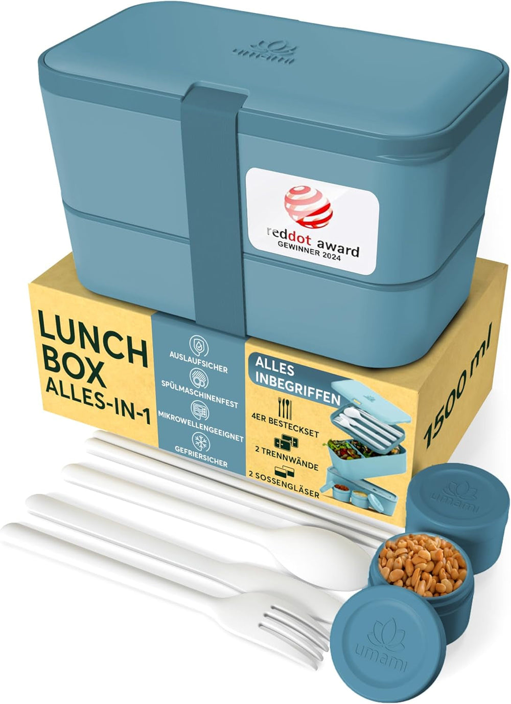 Umami Boîte à déjeuner pour adultes, boîte à bento empilable étanche avec 4 couverts et compartiments, boîte à déjeuner adulte, récipient à salade à emporter, boîte à déjeuner pique-nique/bureau, gris anthracite, 1500 ml