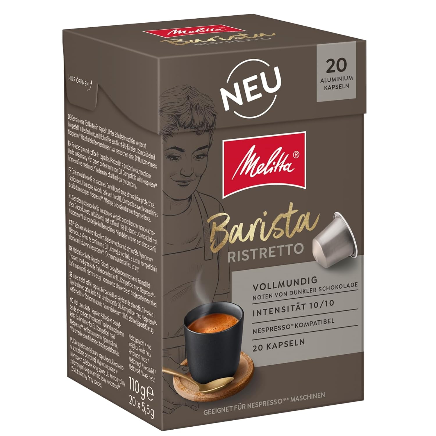 Melitta Barista Ristretto Café-Capseln 20 Stück je 5.5g, gemahlen, in Portionskapseln für Nespresso*-Machines, Global, Noten von Dunkler Schokolade
