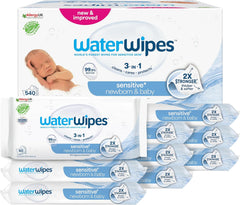 WaterWipes Sensitive+ Lingettes humides pour nouveau-nés et bébés, 540 pièces (9 paquets), nettoyage 3 en 1, entretien, protection, 99,9 % d'eau, sans parfum