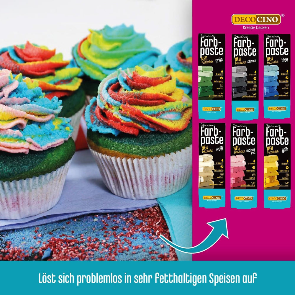 Decocino Pâte colorante liposoluble Lot de 6 - 6 x 15 g - Colorant alimentaire rouge, blanc, vert, jaune, bleu et noir, idéal pour colorer gâteaux, fondants et crèmes - Sans azoïque ni gluten