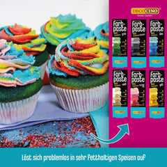 Decocino Pâte colorante liposoluble Lot de 6 - 6 x 15 g - Colorant alimentaire rouge, blanc, vert, jaune, bleu et noir, idéal pour colorer gâteaux, fondants et crèmes - Sans azoïque ni gluten