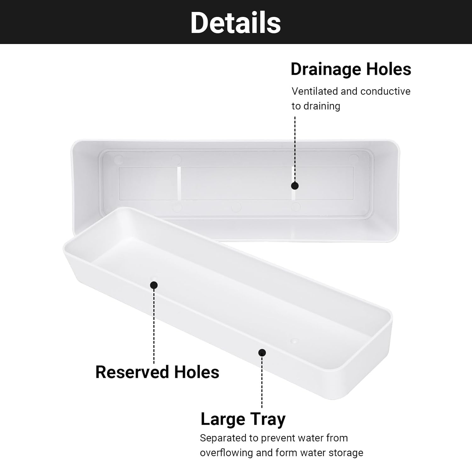 Set de 3 ghivece dreptunghiulare (40,6 × 9,7 cm) cu farfurioare – ghivece albe din plastic pentru ierburi, flori, legume – pentru balcon, grădină, pervaz, interior și exterior