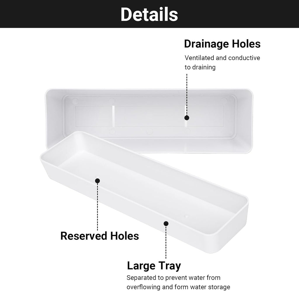 Set de 3 ghivece dreptunghiulare (40,6 × 9,7 cm) cu farfurioare – ghivece albe din plastic pentru ierburi, flori, legume – pentru balcon, grădină, pervaz, interior și exterior