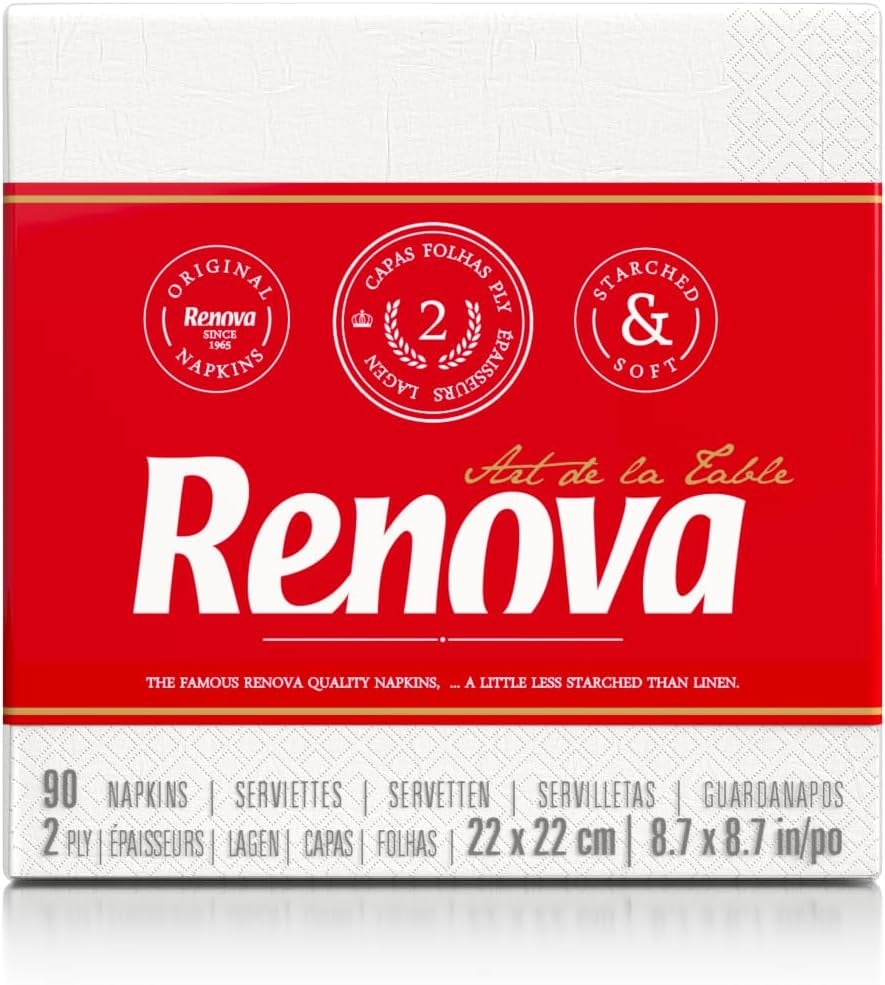 Serviettes en papier Renova, style cocktail de table blanc - 90 serviettes (paquet de 2)