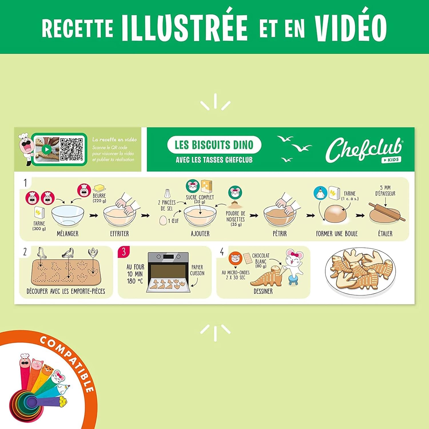 Chefclub Kids - Ensemble d'emporte-pièces dinosaures - Cuisine pour enfants - T-Rex, Empreinte et Diplodocus - Recettes + Vidéos - Pâtisserie familiale ludique - Cadeau pour les 4 ans et plus