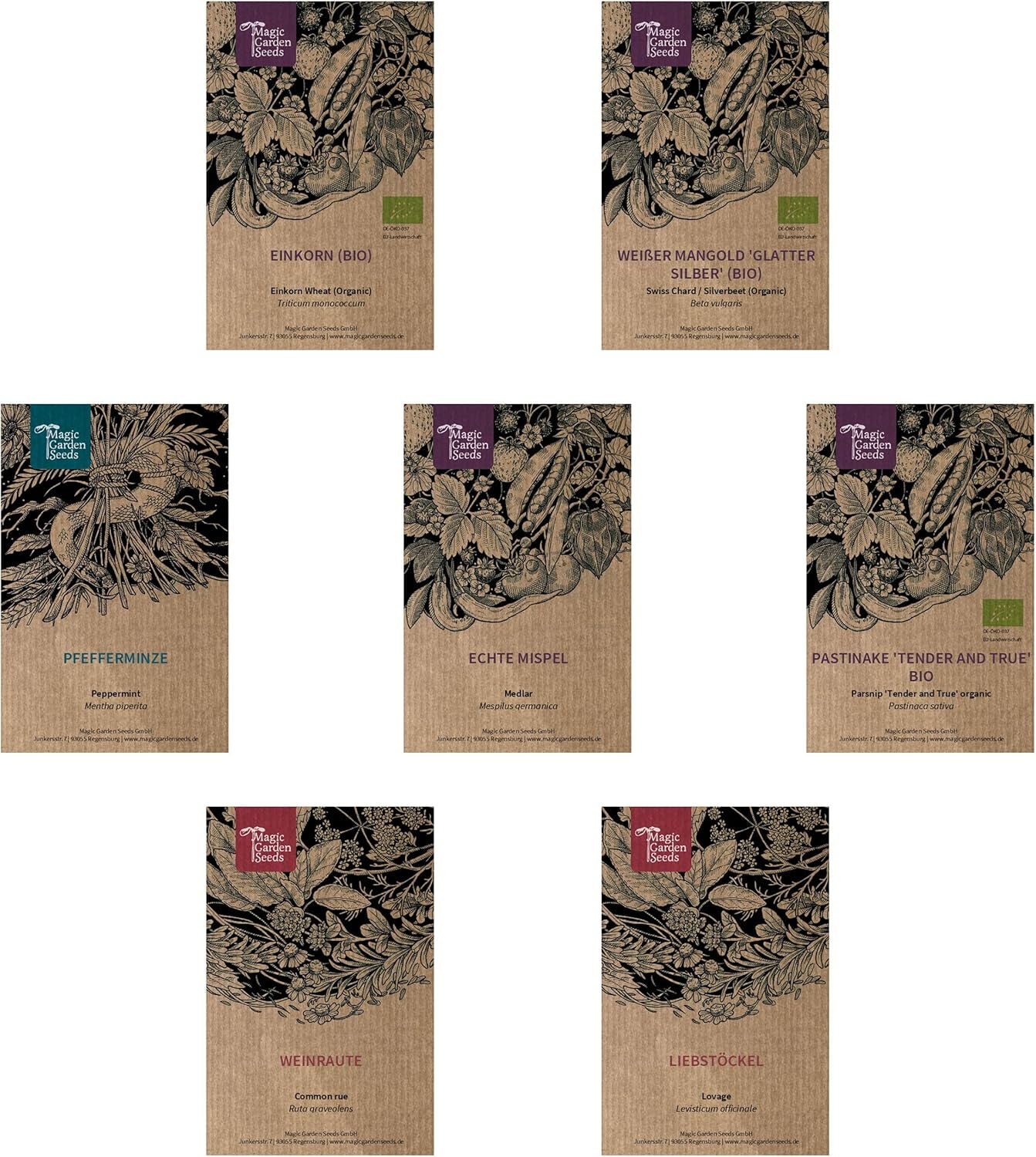 Magic Garden Seeds - Mittelalter Garten - Samen Geschenkset Mit 7 Pflanzen Für Den Mittelalterlichen Garten - Anzuchtset Mit Pfefferminze, Weinraute, Liebstöckel, Mangold, Pastinaken, Mispel, Einkorn