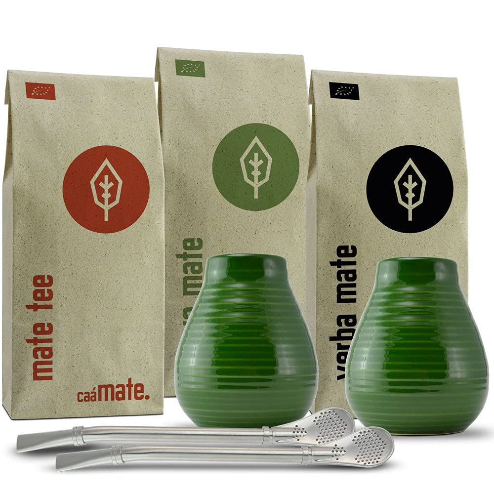 Set de ceai Mate pentru două persoane, organic ● 2 căni Mate + 2 bombillas + 300 g ceai Mate + instrucțiuni de preparare