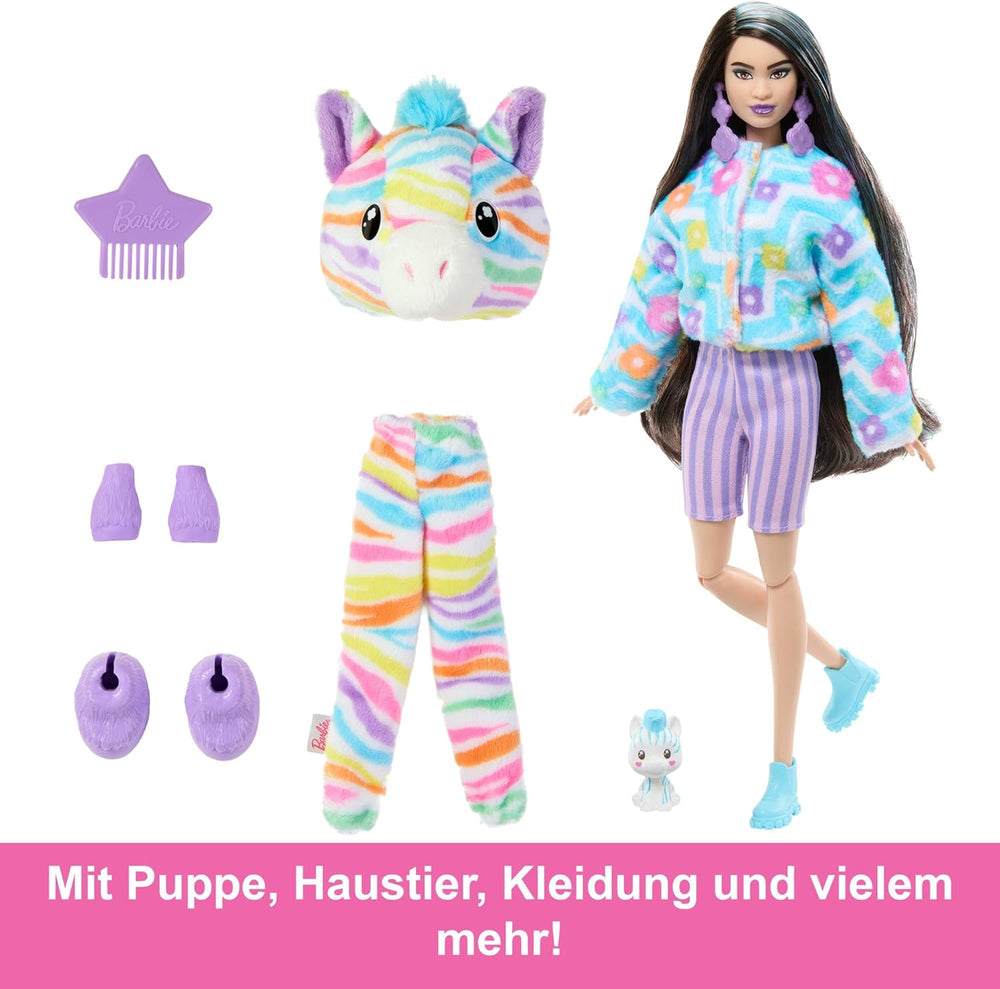 Barbie Cutie Reveal poupée et accessoires, tenue en peluche zèbre arc-en-ciel et 10 surprises changeantes de couleur, gamme Color Dream, HRK39