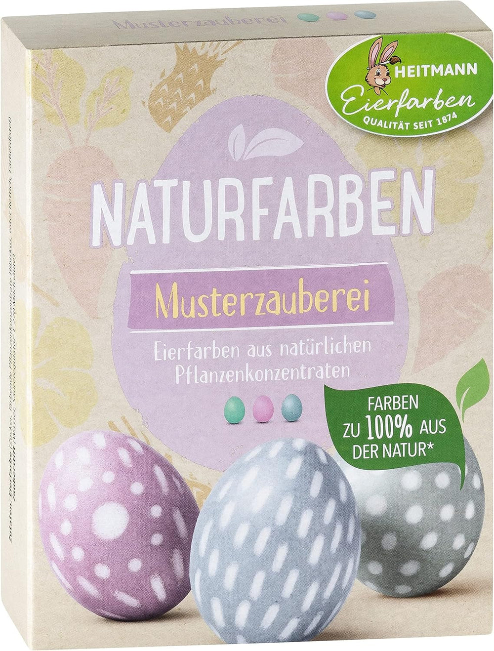 Set de vopsire naturală Heitmann Egg Dye, 3 pudre de colorare pe bază de ou (galben, violet, gri-albastru), foaie de autocolante din hârtie cu iarbă