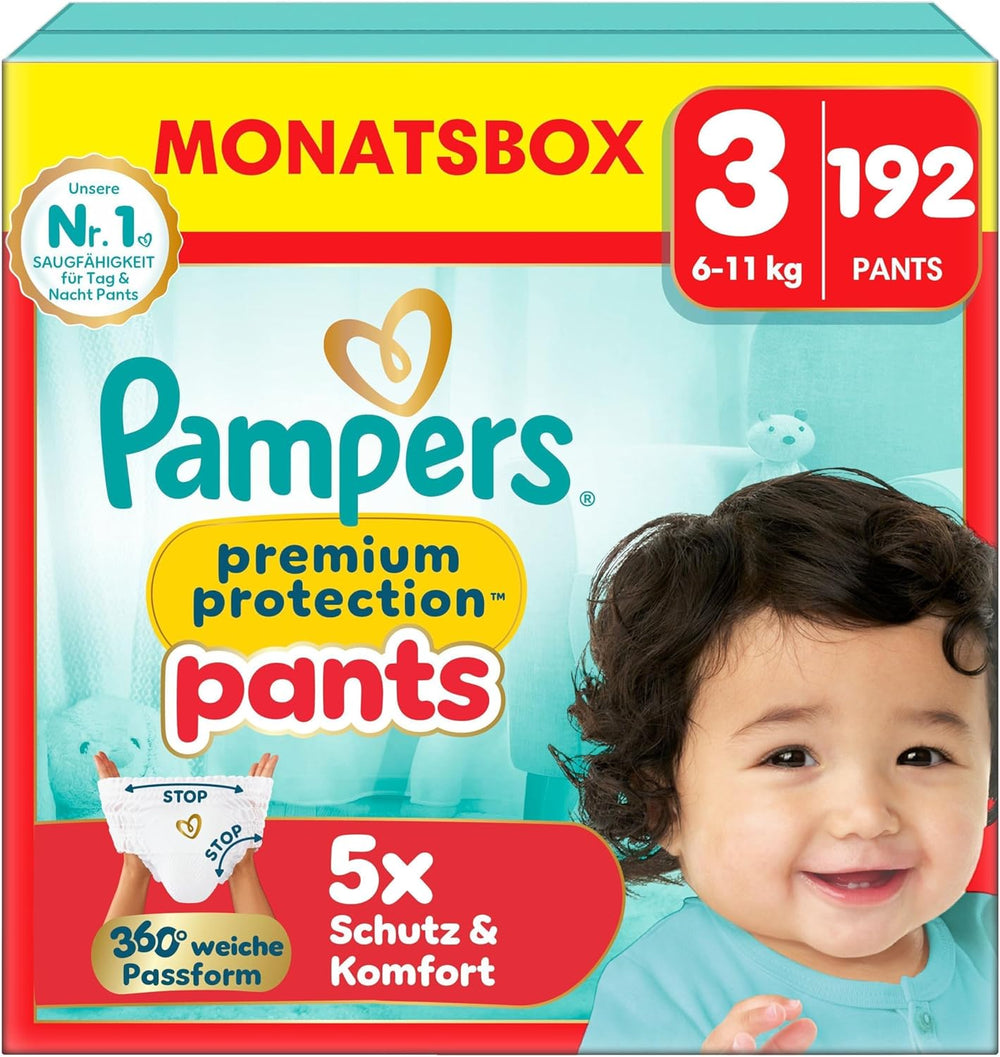 Pampers Premium Protection Pants taille 5, 144 couches, 11 kg - 17 kg, avec réglage à 360° et poignets anti-fuites souples pour un confort et une protection optimaux