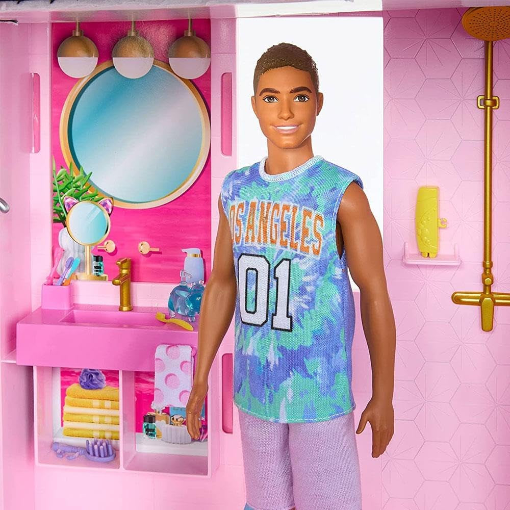 Barbie Dream Villa, casă Barbie cu 3 etaje cu 10 zone de joacă, inclusiv piscină, tobogan, lift, 75 de accesorii pentru păpuși, cățeluș de jucărie, jucărie pentru copii cu vârsta de peste 3 ani, HMX10 Casute de papusi Naty Shop