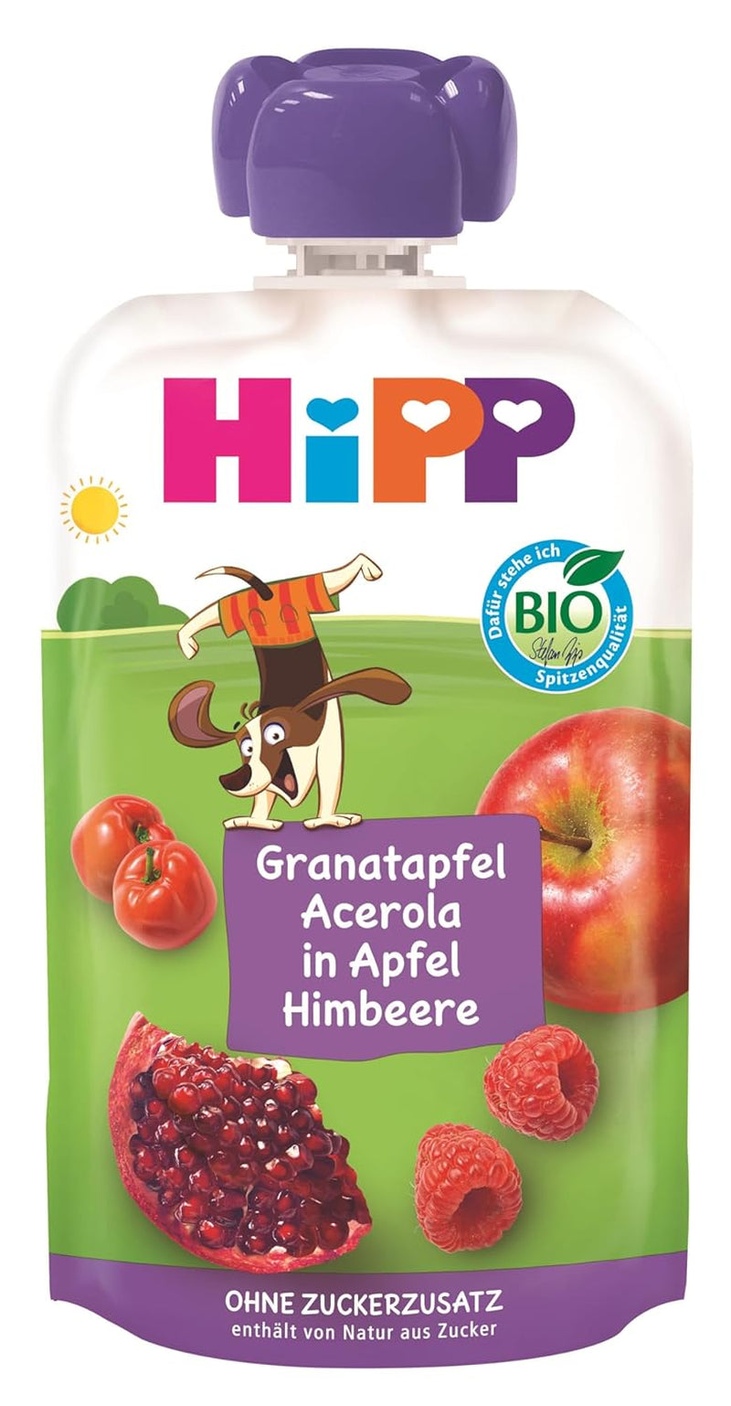 Sachets HiPP Organic Fruit Plus à la grenade et à l'acérola dans un mélange de pomme et de framboise - Ben Beagle (8 x 100g), à partir de 1 an, 100% purée de fruits, sans sucre ajouté, végétalien, meilleure qualité biologique