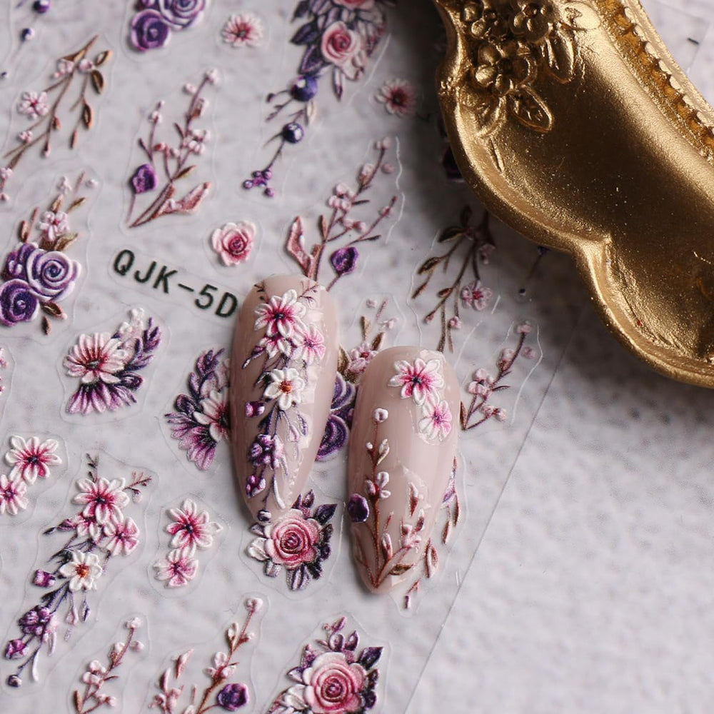 JMEOWIO 3D Nagelsticker Blumen Nail Art Sticker Selbstklebend Nagelaufkleber 5D Stereoskopisch Frühling Sommer Dekoration Nageldesign Zubehör 4 Blatt