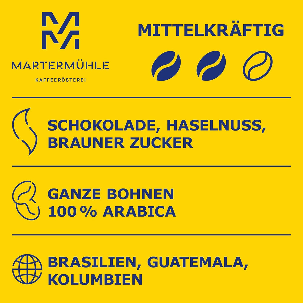 Martermühle Café Crème Kaffeebohnen 500g mittelkräftig I Arabica I Saveurs : Brauner Zucker, Haselnuss, Schokolade I Ganze Kaffeebohnen schonend geröstet, säurearm