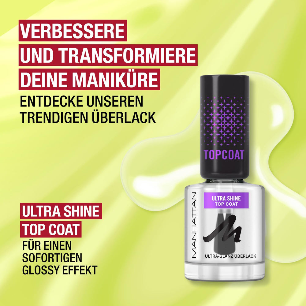Manhattan Nail Top Coat Ultra Shine, top coat transparent au fini brillant pour une manucure longue durée, 12 ml