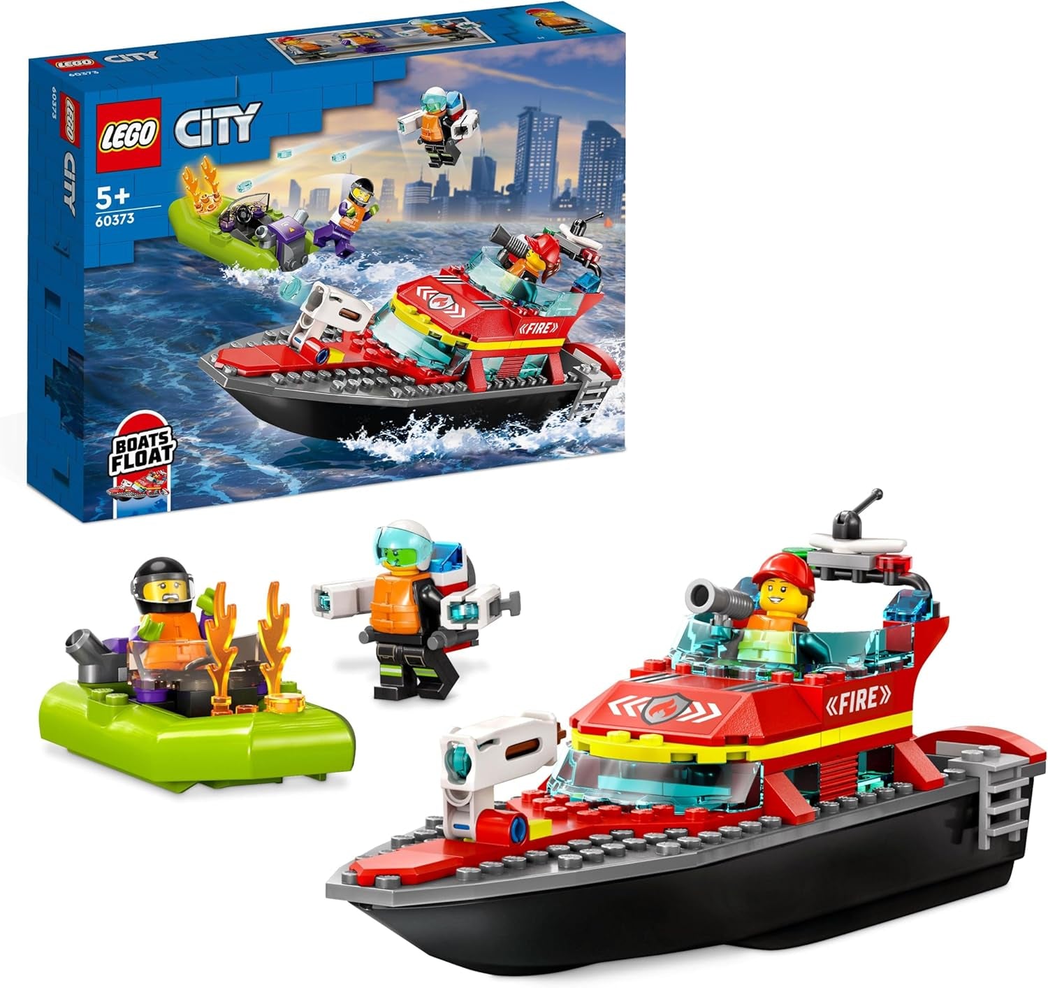 LEGO 60373 City Feuerwehrboot, jeu, l'eau dans l'eau, avec Rennboot, 3 figurines et Jetpack, Feuerwehr-Boot-Spielzeug conçu pour les jeunes et les filles à partir de 5 ans