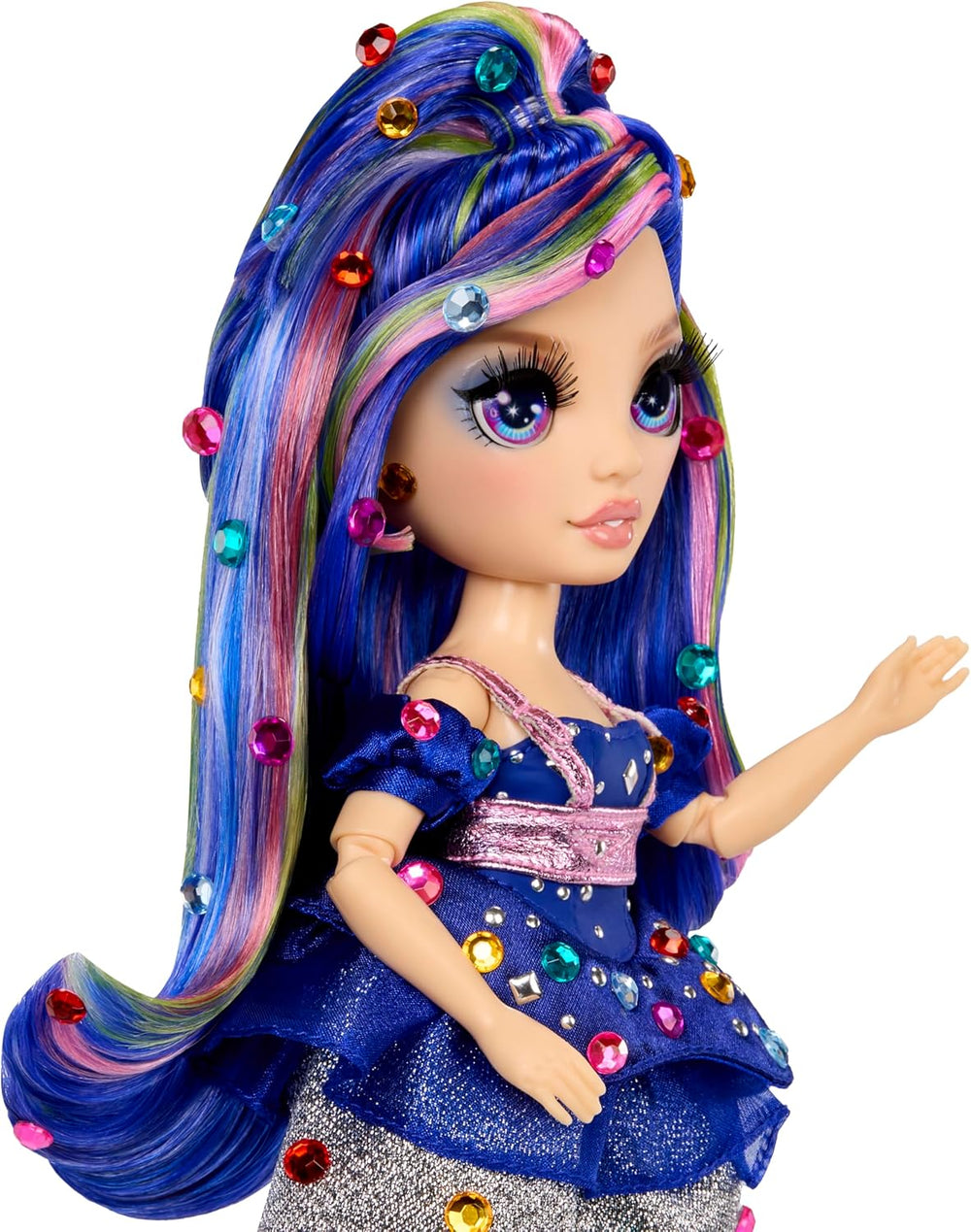 Rainbow High Be Dazzling - Genevieve Bleue - Poupée mannequin bleue de 28 cm avec outil d'embellissement, pierres précieuses scintillantes et accessoires de coiffure