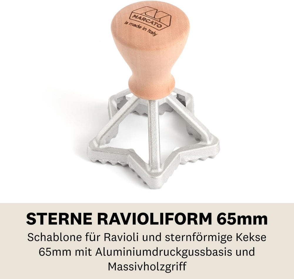 MARCATO Ensemble de moules à raviolis et biscuits, machine à raviolis, moule à biscuits, bois massif et fonte, fabriqué en Italie, forme étoile 65 mm + forme fleur 70 mm