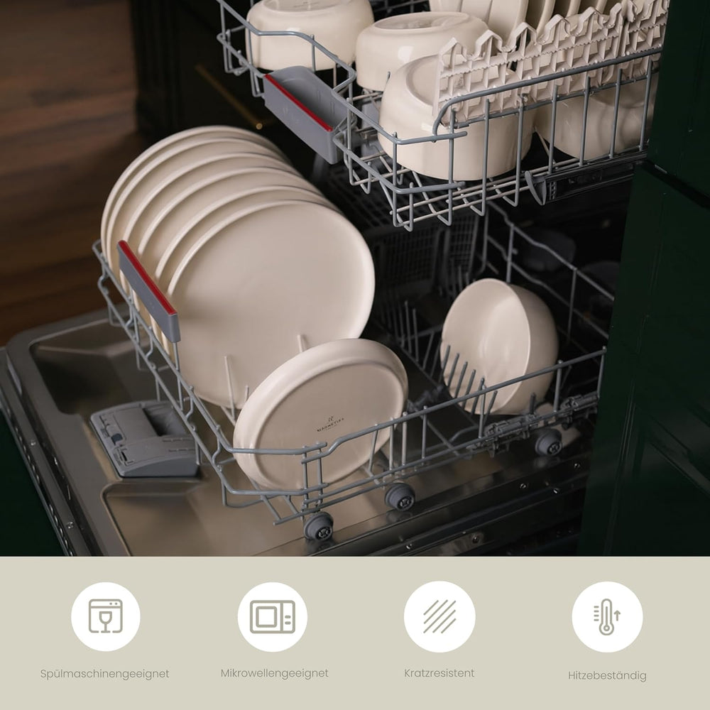 Service de table en grès cérame pour 6, 18 pièces – Plus solide et résistant aux rayures que les assiettes et bols en faïence, beige brillant | L'ensemble de vaisselle comprend 6 assiettes plates, 6 assiettes à dessert et 6 bols -