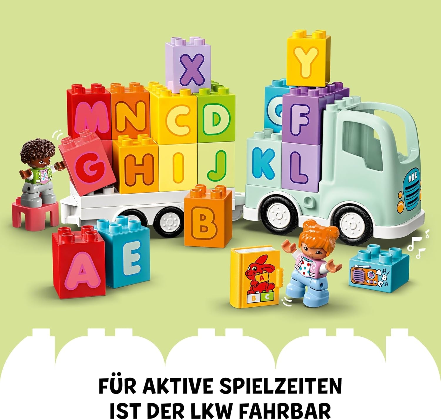 LEGO DUPLO Town ABC Truck, jeu de simulation pour petits enfants à partir de 2 ans, jeu ABC-LKW avec crochets et supports en bois, plus figurines d'un jeune et d'une fille, jeu pour enfants 10421
