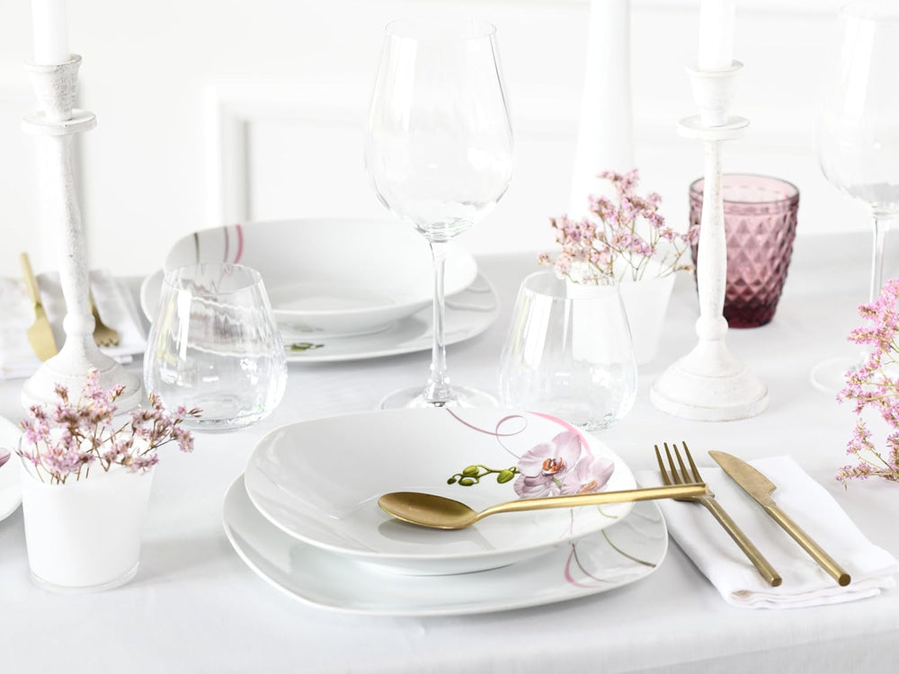 Creatable, 22536, Serie Square Orchidee, 62-Teiliges Geschirrset Für 6 Personen, Kombiservice Aus Porzellan, Spülmaschinen- Und Mikrowellengeeignet, Qualitätsproduktion Seturi vesela masa Naty Shop