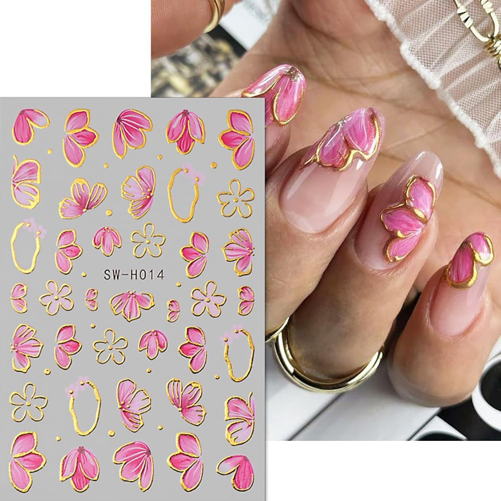 Gold Linie Schieber Rosa Nagelsticker Blumen 3D Flower Nail Sticker Sakura Blütenblätter Blumen Nagelaufkleber Frühling Sommer Floral Nagel Sticker Flowers Nagel Stickers Nageldesign Zubehör Nail Art