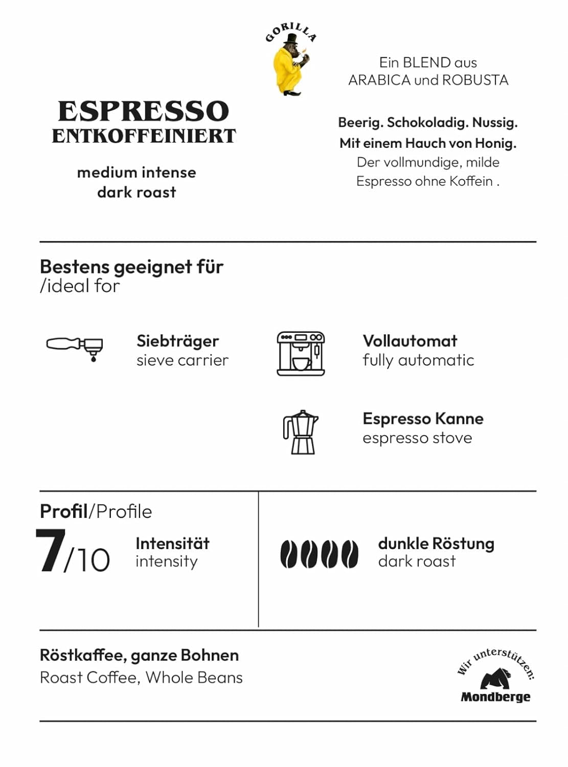 Espresso GORILLA 1000g décaféiné, grains entiers