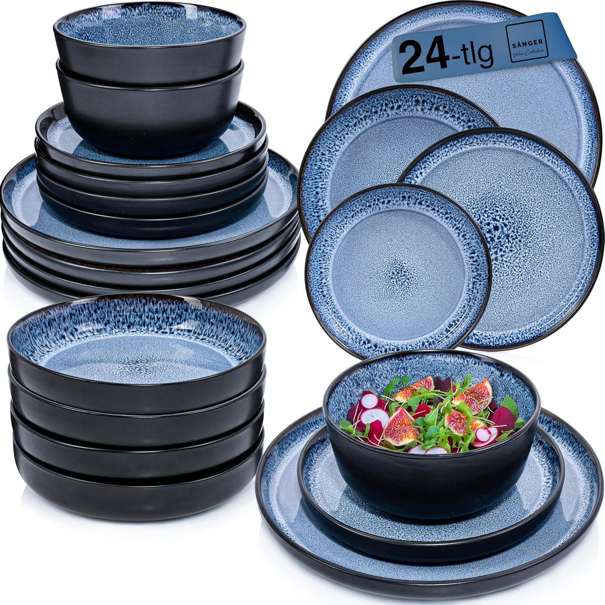 SÄNGER Aruba | Service de table en grès pour 6 personnes, 6 assiettes plates, 6 assiettes petit-déjeuner, 6 assiettes plates, 6 bols à pâtes, bleu avec bord noir | LA COLLECTION VALEUR
