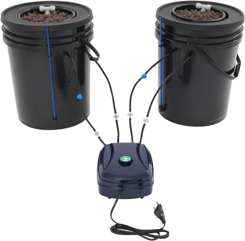 Kit complet de système hydroponique DWC avec pompe à air 12 W, 2 seaux (5 gallons), système de culture hydroponique, 2 sacs de céramsite, kit d'irrigation en pot
