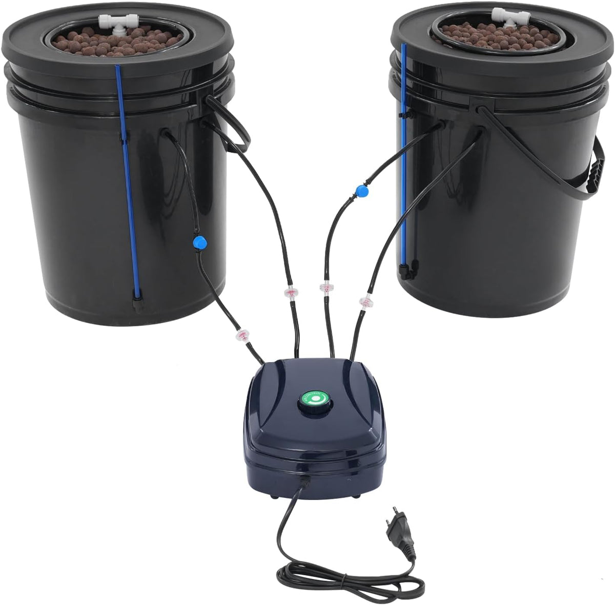Kit complet de système hydroponique DWC avec pompe à air 12 W, 2 seaux (5 gallons), système de culture hydroponique, 2 sacs de céramsite, kit d'irrigation en pot