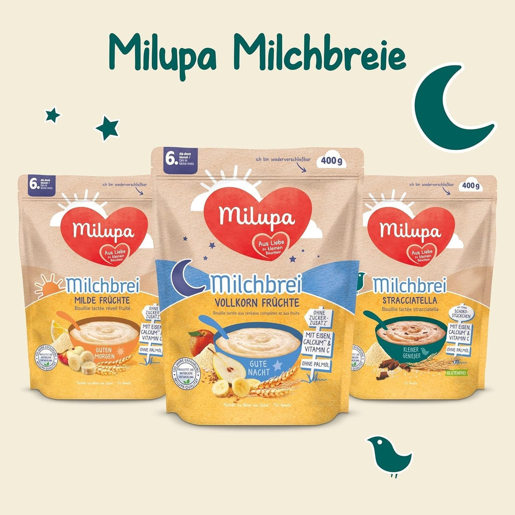 Milupa Milk Porridge Wholemeal Fruits - Terci pentru copii fără ulei de palmier, de la 6 luni - 4 X 400 G (pachet de 2) Mama si Copilul Naty Shop