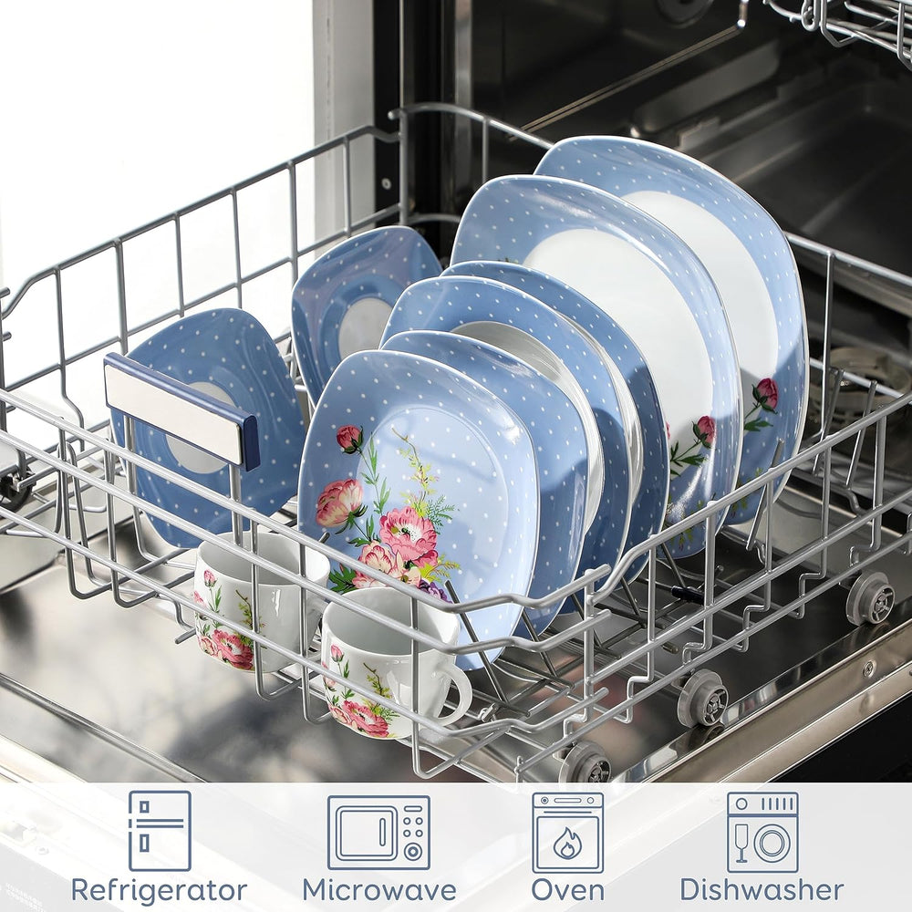 VEWEET Service de table combiné en porcelaine, 30 pièces pour 4 à 12 personnes, série Hannah, assiettes plates, assiettes à dessert, assiettes creuses, tasses à café et soucoupes