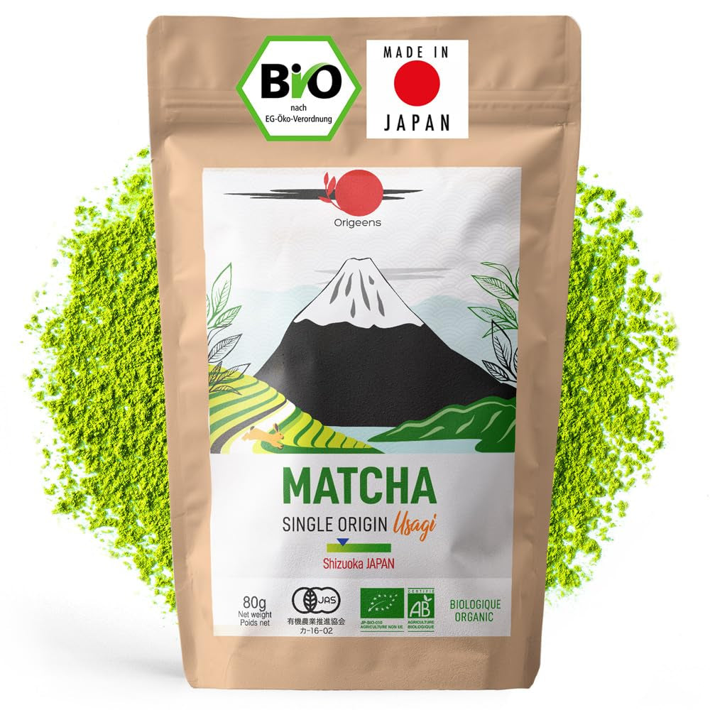 ORIGEENS Ceai japonez organic Matcha Usagi (Latte Intensiv) - Single Origin Shizuoka - Pudră Matcha organică - Pungă de 80 g