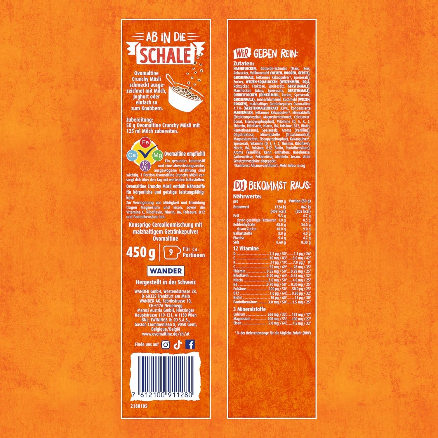 Ovomaltine Crunchy Muesli - muesli croquant au chocolat, avec un mélange unique de céréales et Ovomaltine - muesli au chocolat, vitamines, fibres et minéraux précieux (1 x 450g)