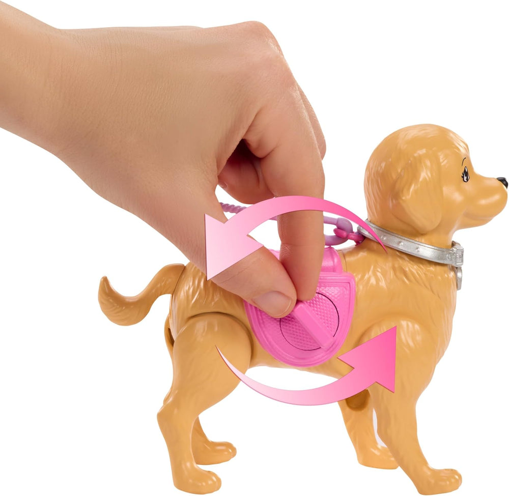 Barbie Hundespaziergang Spielset, enhtät einen Spielzeughund der gehen und Häufchen Machen kann, a Barbie Malibu-Puppe sowie EIN Kehrset and Hundezubehör, JJB46
