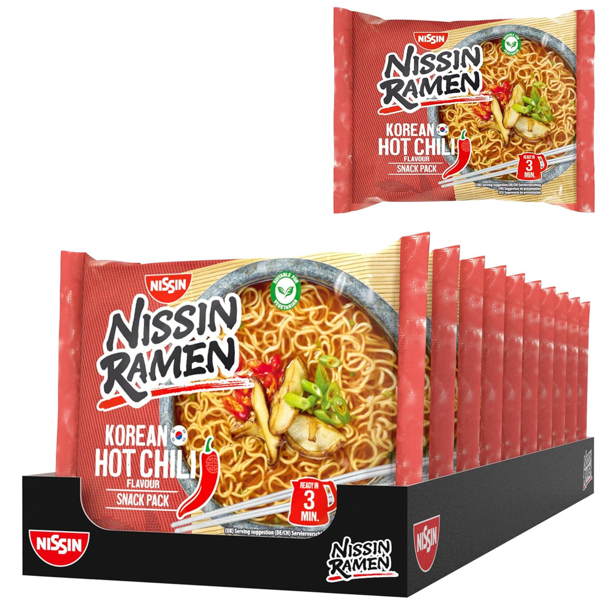 Nissin Ramen - Paquet de 10 nouilles instantanées de style asiatique au chili épicé coréen basées sur une recette coréenne Rapide et facile à préparer des plats asiatiques (10 x 65,2 g)