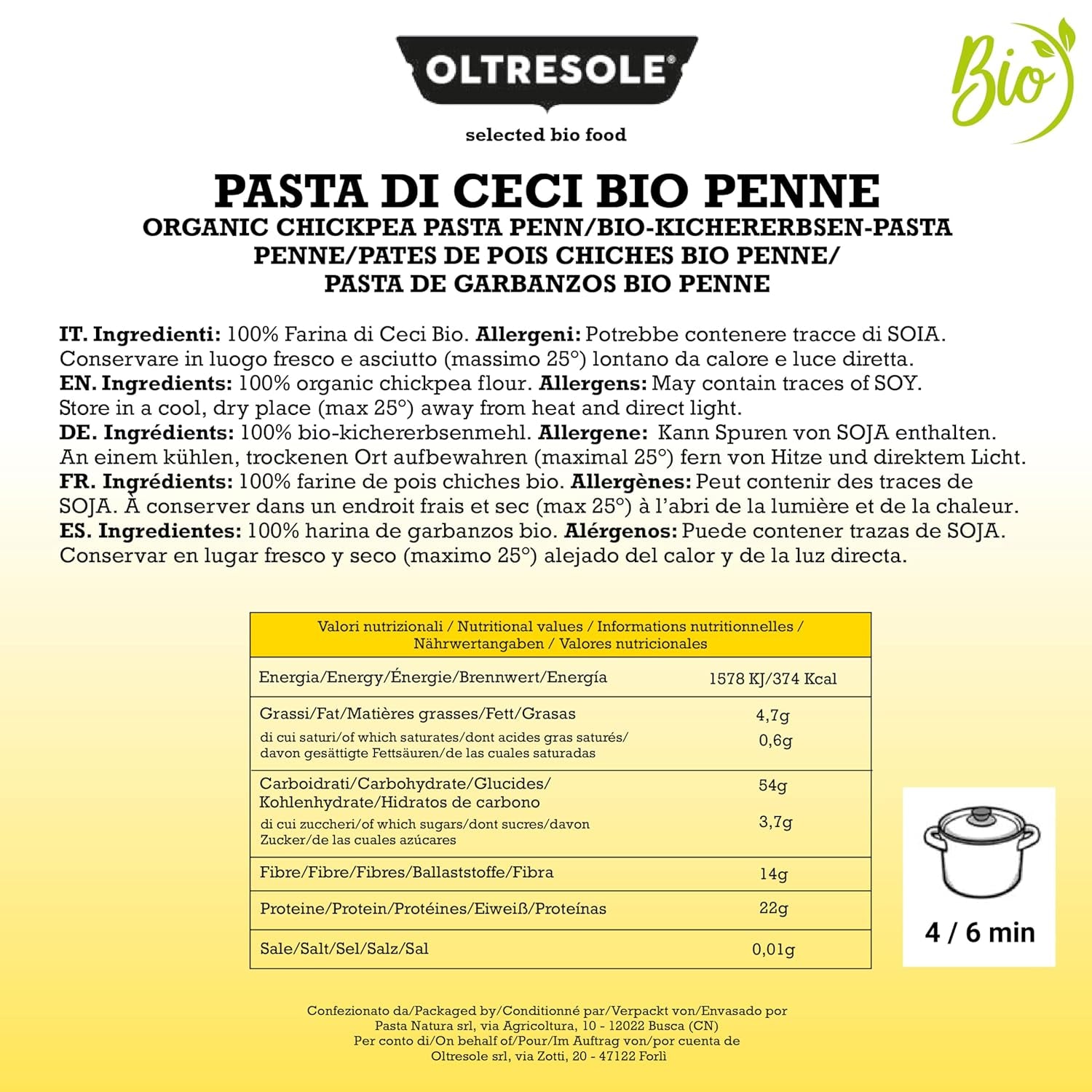 Penne aux pois chiches biologiques italiennes, pâtes protéinées à base de farine de pois chiches 100 % biologique, riches en fibres, végétaliennes, sans gluten, paquet de 3 x 350 g