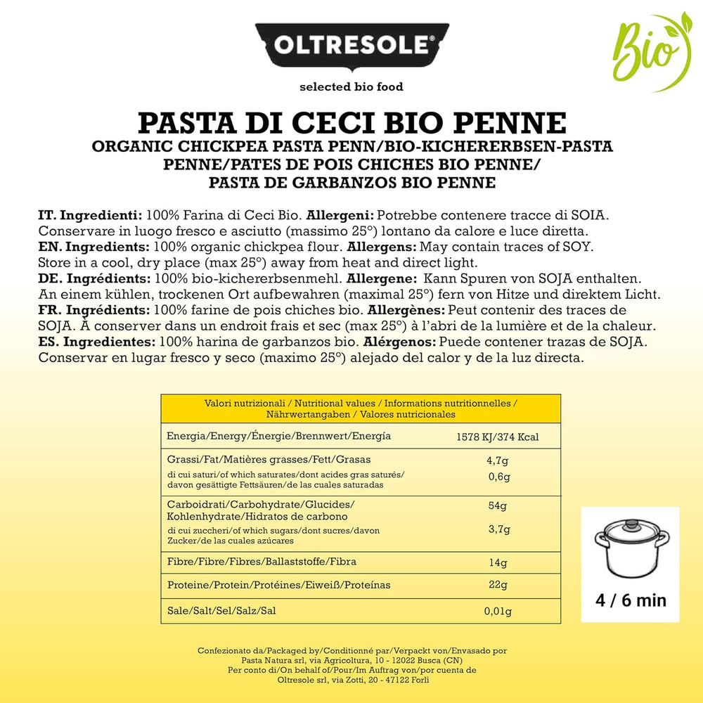 Penne aux pois chiches biologiques italiennes, pâtes protéinées à base de farine de pois chiches 100 % biologique, riches en fibres, végétaliennes, sans gluten, paquet de 3 x 350 g