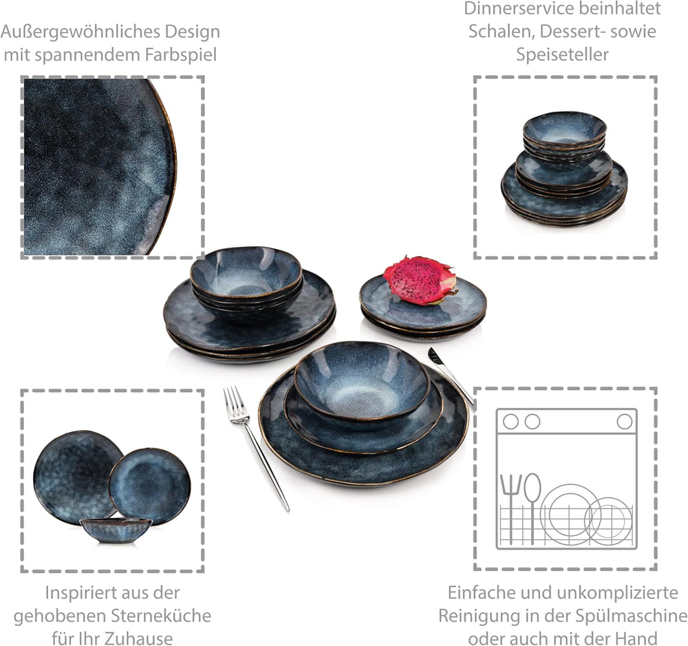 SANGER | Service de table Tokyo Service de table 12 pièces en grès pour 4 personnes comprenant des assiettes plates, des assiettes à dessert et des bols, bleu foncé avec des accents noirs | LA COLLECTION PREMIUM