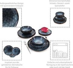SANGER | Service de table Tokyo Service de table 12 pièces en grès pour 4 personnes comprenant des assiettes plates, des assiettes à dessert et des bols, bleu foncé avec des accents noirs | LA COLLECTION PREMIUM