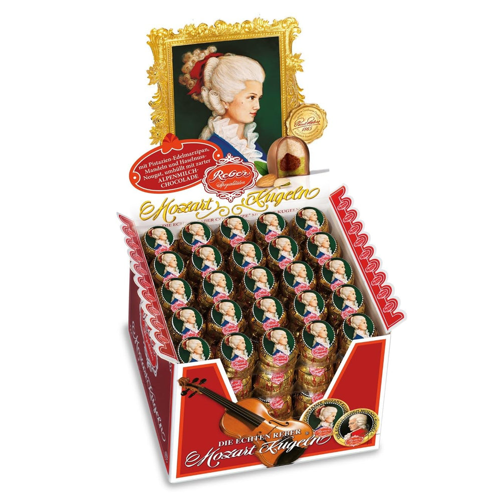 Boules Reber Mozart, coffret de présentation 4x45, boules de chocolat noir fourrées à la pistache, pâte d'amande, nougat aux amandes et noisettes, 3,6 kg (180 pièces)