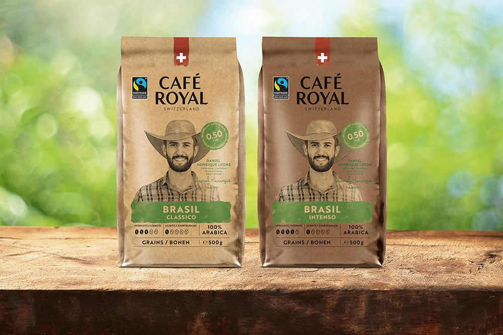Café Royal Crema Classico Brasil - Café en grains 100% Arabica, équilibré et aromatique, torréfaction moyenne, force 3/5, commerce équitable, 500g de grains entiers (paquet de 2)