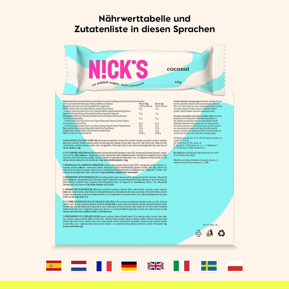 NICKS Keto Barres à la noix de coco, collations au chocolat et à la noix de coco, 175 calories, 2 glucides nets, sans sucre ajouté, sans gluten, bonbons à faible teneur en glucides (15 x 40 g)