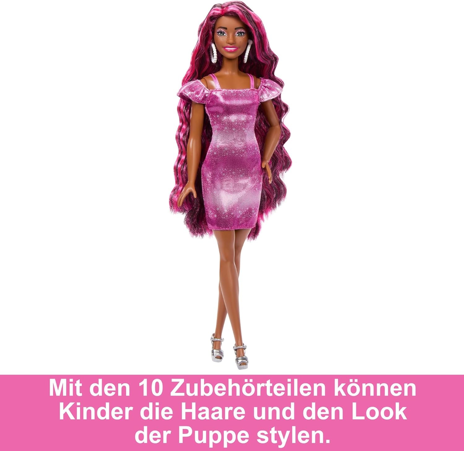 Poupée Barbie cheveux élégants et amusants avec cheveux noirs colorés extra longs et robe rose scintillante 10 accessoires de coiffure et de mode JDC86