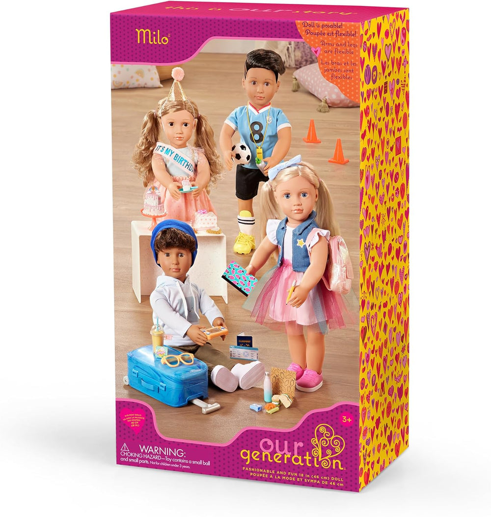 Our Generation - Milo - Poupée garçon de 46 cm - Yeux marron réalistes et cheveux bruns bouclés - Bagages à roulettes et accessoires de voyage - Jeu de simulation - Jouet pour 3 ans et plus