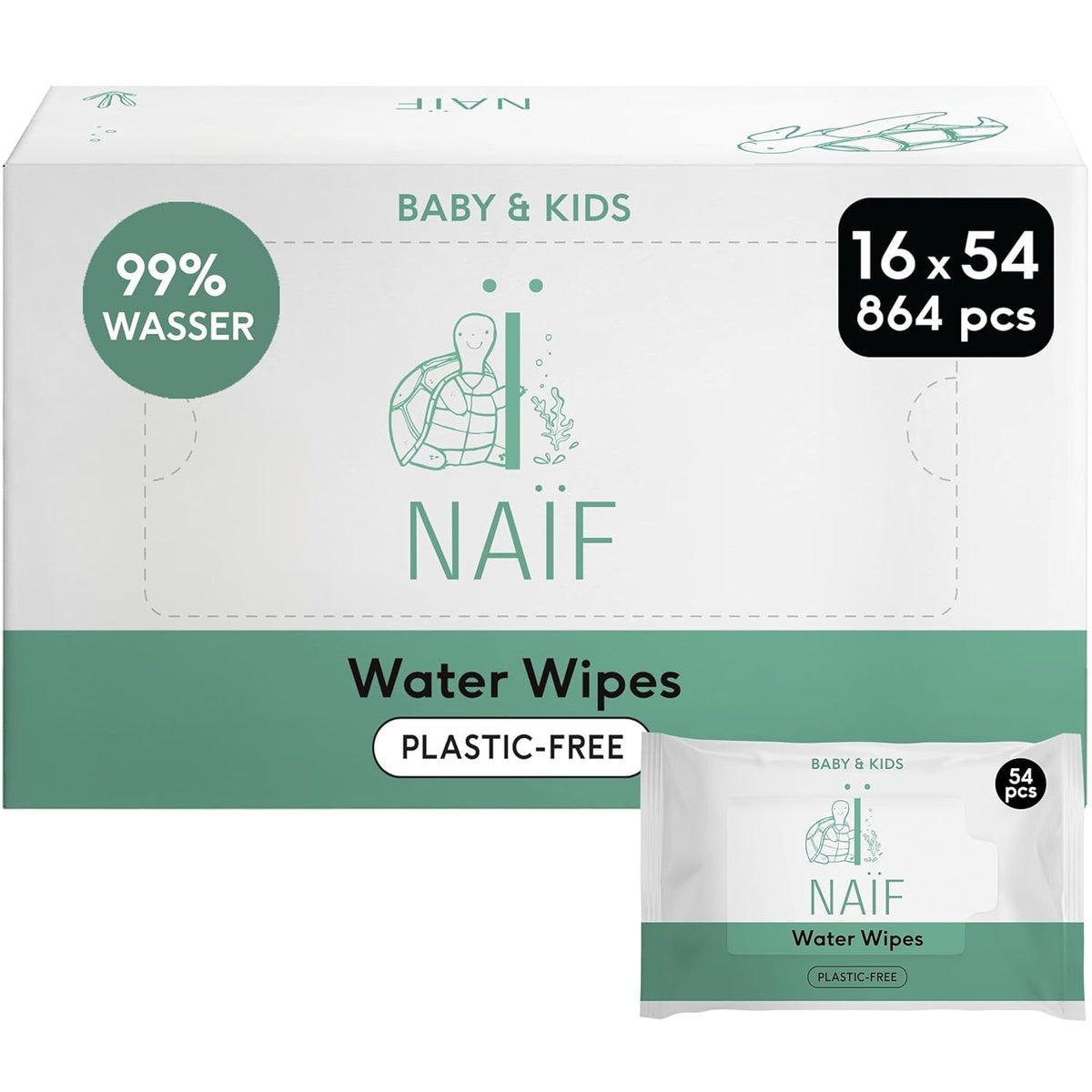 Naïf - Lingettes humides sans plastique - 864 pièces (16 paquets de 54 lingettes) - Soin des fesses, du corps et du visage de bébé - 99% d'eau - 0% de parfum et d'alcool